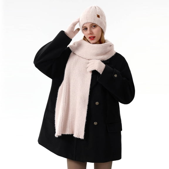 Hat Scarf Gloves Three-Piece Set for Women Double-Layer Wool Knit Hat Cozy Scarf Touch Screen Gloves Beige