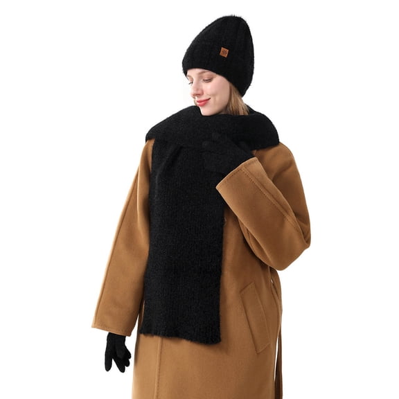 Hat Scarf Gloves Three-Piece Set for Women Double-Layer Wool Knit Hat Cozy Scarf Touch Screen Gloves Black