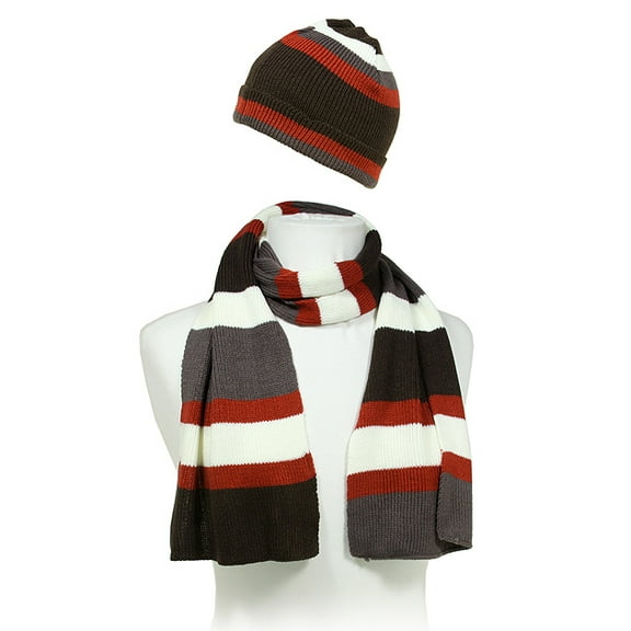 Hat & Scarf Set - Knitted Stripes Set – HTSF-TO102-1 – Brown Color
