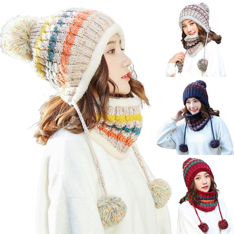 Women\'s Knit Beanie Hat Scarf Mask Set Warm Soft Slouchy Skull Cap with Pom Pom… Womens Winter Hats Knit Fleece Lined Ear Flaps Beanie Hat  main image 3