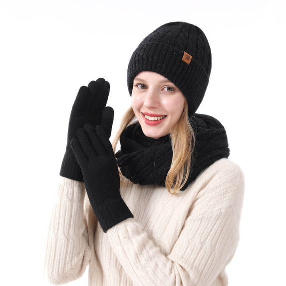 Hat Scarf and Gloves Three-Piece Set for Women Double-Layer Fleece-Lined Hat Cable Knit Scarf Wool Gloves Black