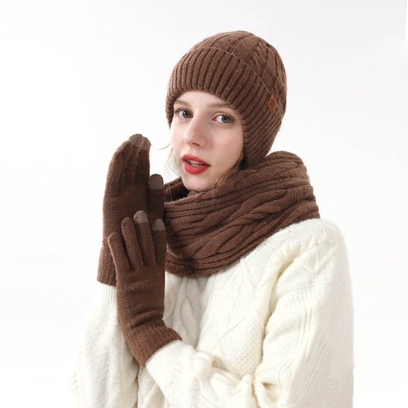 Hat Scarf and Gloves Three-Piece Set for Women Double-Layer Fleece-Lined Hat Cable Knit Scarf Wool Gloves Coffee