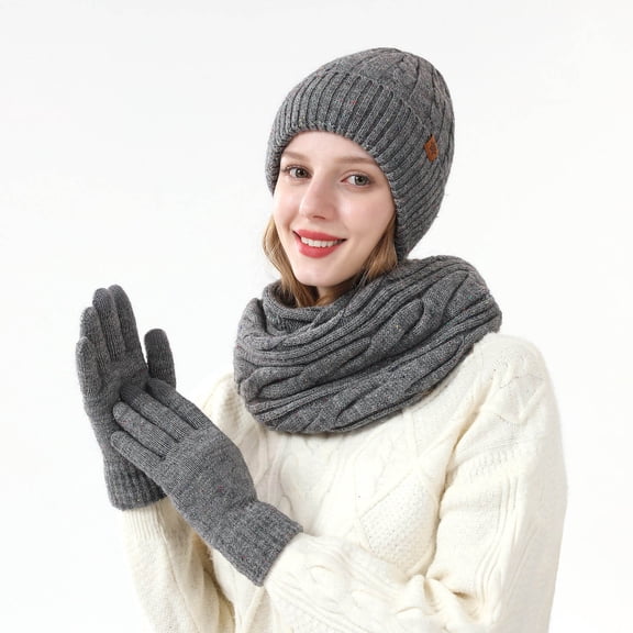 Hat Scarf and Gloves Three-Piece Set for Women Double-Layer Fleece-Lined Hat Cable Knit Scarf Wool Gloves Gray