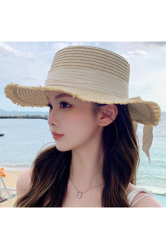 Hat Spring And Summer Female Fashion Straw Hat Seaside Holiday Beach Hat Flat Top Floating Strap Bow And Sun Hat