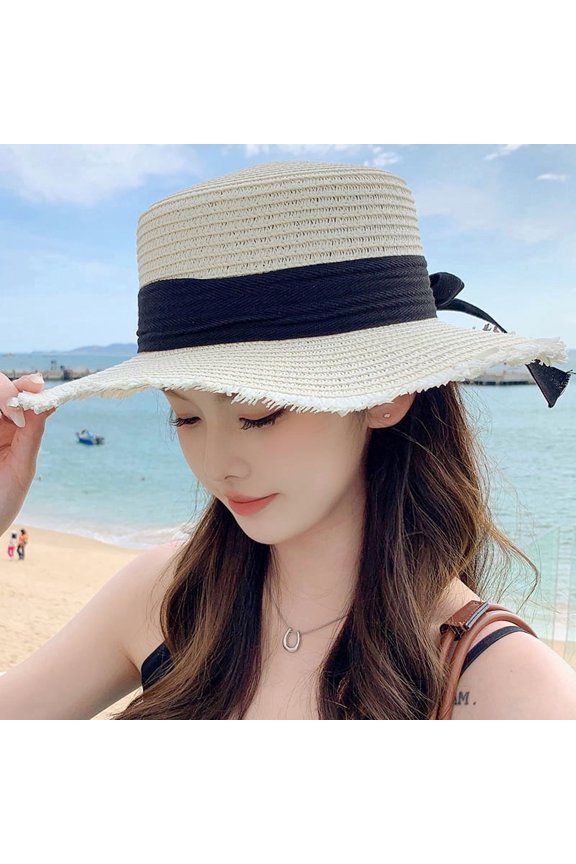 Hat Spring And Summer Female Fashion Straw Hat Seaside Holiday Beach Hat Flat Top Floating Strap Bow And Sun Hat
