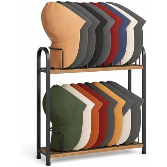 Hat Stand for Baseball Caps - 2 Tier Wood & Metal Removable Tabletop Hat Organizer Storage Display Rack, Holds up to 20 Caps for Desk, Closet Shelf, Dresser (Black)
