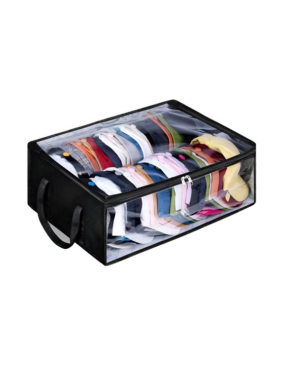 Hat Storage Bag with Reinforced Handle, Large Capacity Baseball Cap Organizer with Zipper, Transparent Cap Holder,51cm,Black
