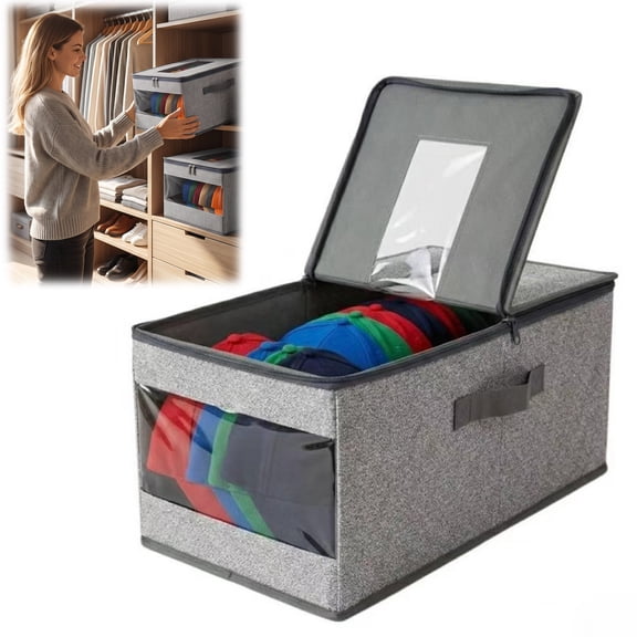 Hat Storage for Baseball Caps, Clear Window Hat Organizer, Stackable Storage Box with Flip-Top Access, Space-Saving Breathable Fabric Closet Organizer