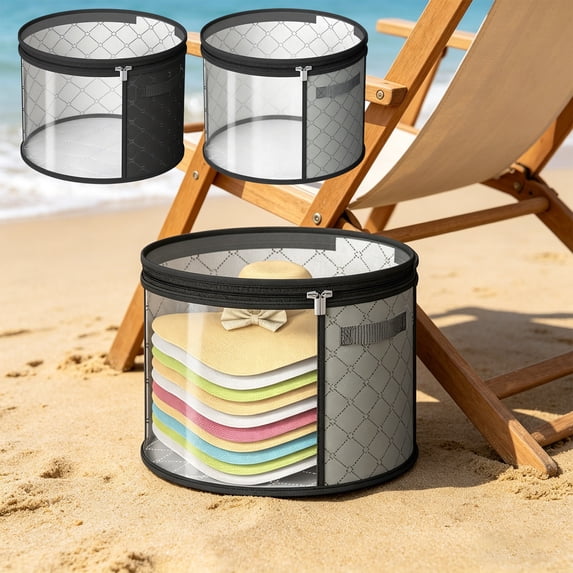 Hat Storage Box with Clear Window, Collapsible Sun Hat Organizer Bag with Zipper, Round Dustproof Storage Case for Wide Brim Straw Beach Hats Fedora, AKLJWH