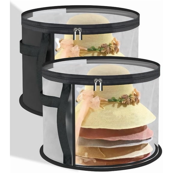 Hat Storage Box Organizer with Clear Window, Round, Set of 2, Black