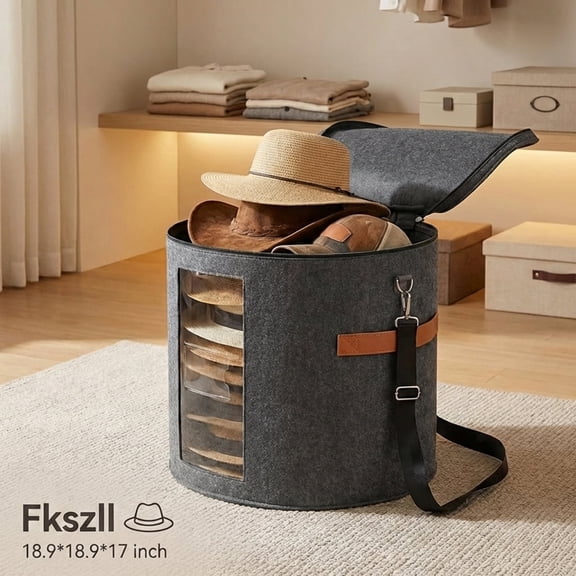 Fkszll Hat Storage Box with Zippered Lid Felt Round Hat Box Foldable Large Travel Hat Organizer Box with Adjustable Shoulder Strap, 18.9×17in