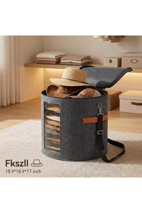 Hat Storage Box with Zippered Lid Felt Round Hat Box Foldable Large Travel Hat Organizer Box with Adjustable Shoulder Strap, 18.9×17in