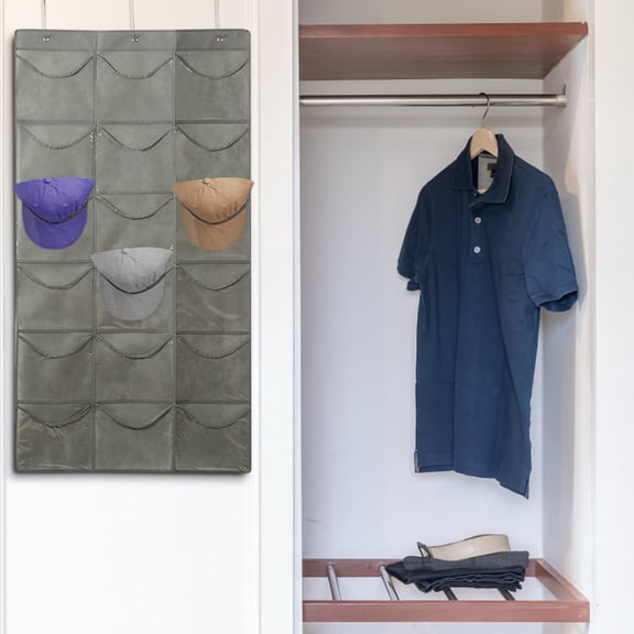 Hat Storage Hanging Bag - Thickened Non-Woven 6-Layer Baseball Cap Organizer, 18 Pocket Display Rack with Clear Plastic Window & 3 Hooks, Black/Gray