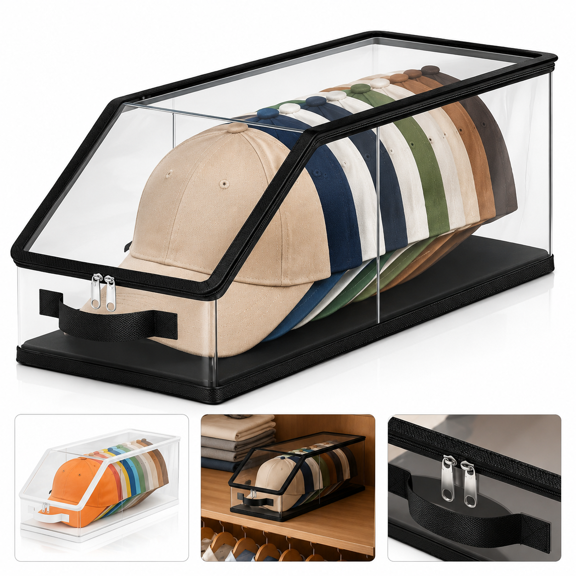 Hat Storage for Baseball Caps, Stackable Hat Box Organizer with Flip Top Clear Window Lid, Closet Hat Holder Container for Caps and Snapbacks