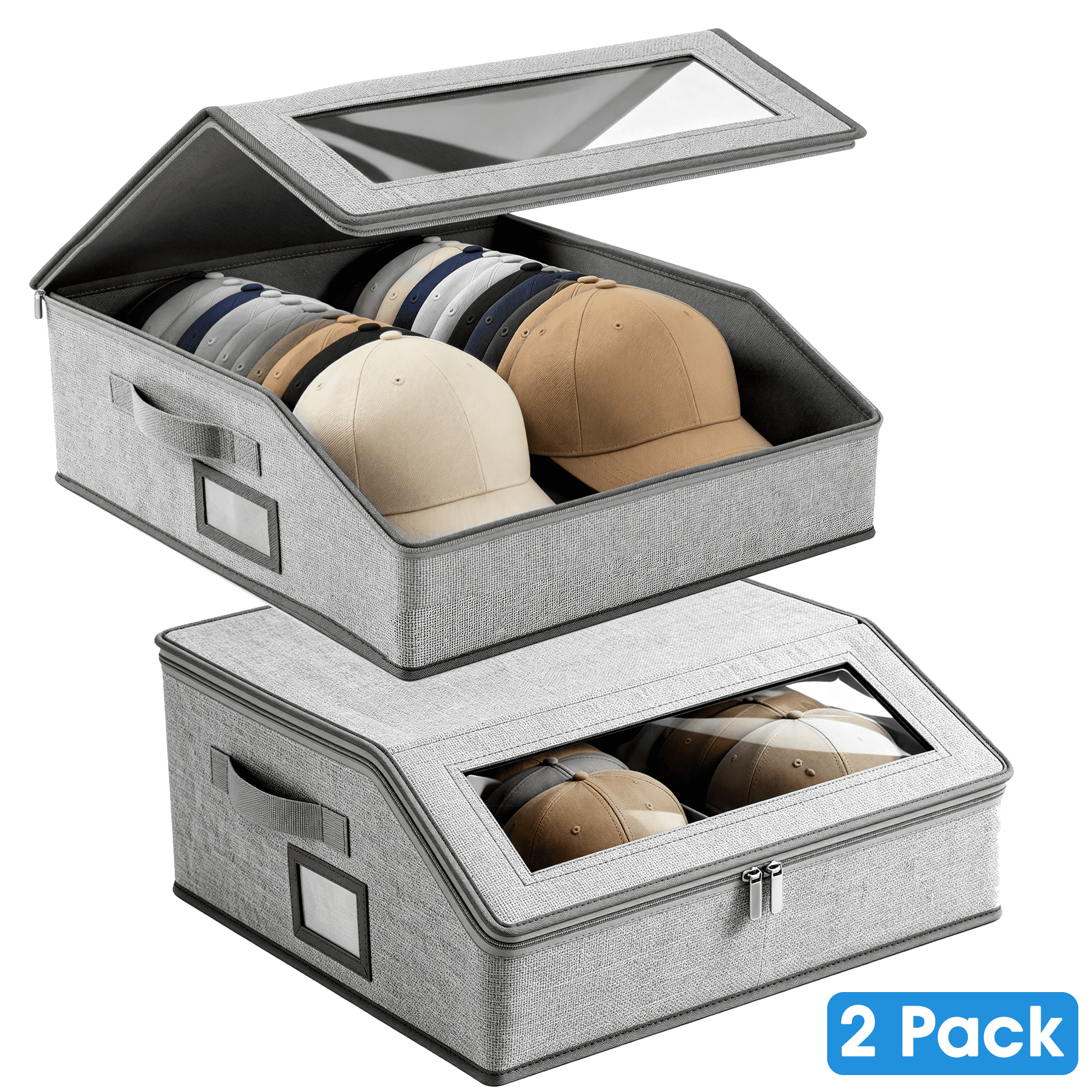 2‑Pack Hat Storage Organizer Box, Dustproof Baseball Cap Storage Container with Clear Window, Fabric Hat Holder for Closet, Wardrobe Hat Organizer for Baseball Caps