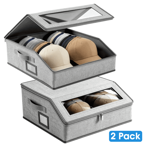 2Pack Hat Storage Organizer Box, Dustproof Baseball Cap Storage Container with Clear Window, Fabric Hat Holder for Closet, Wardrobe Hat Organizer for Baseball Caps