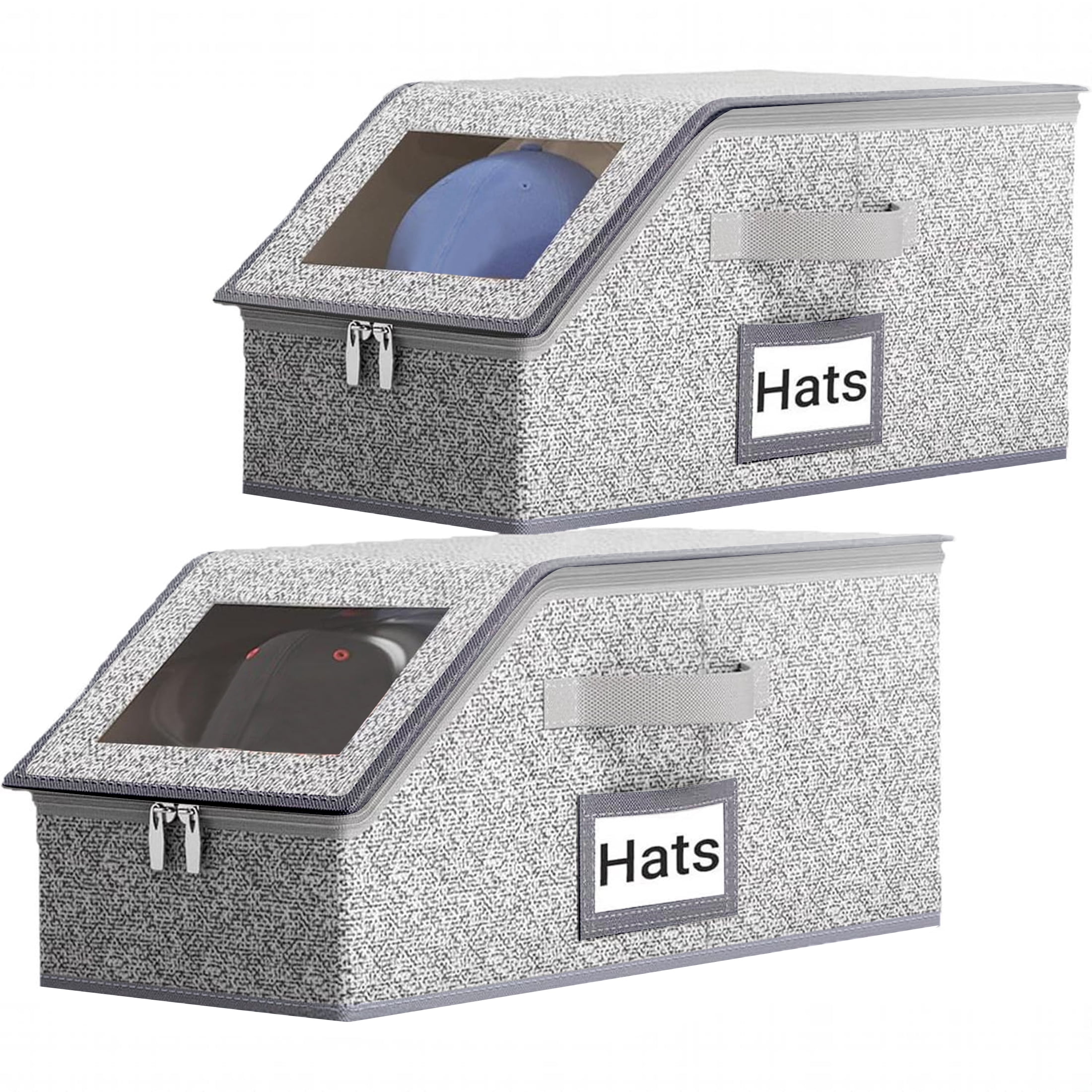 2‑Pack Hat Storage Box, Fabric Baseball Cap Organizer, Dustproof Cap Hat Storage Bin with Visible Window, Zipper & Handle for Closet Wardrobe Hats Clothes Toys Scarves