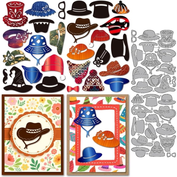 Hat Theme Metal Die Cuts Cowboy Hat Magic Hats Cutting Dies Glasses Moustache Tie Embossing Stencils Scrapbooking Tool for DIY Scrapbooking Craft Card Making Album Gift Decor Silver