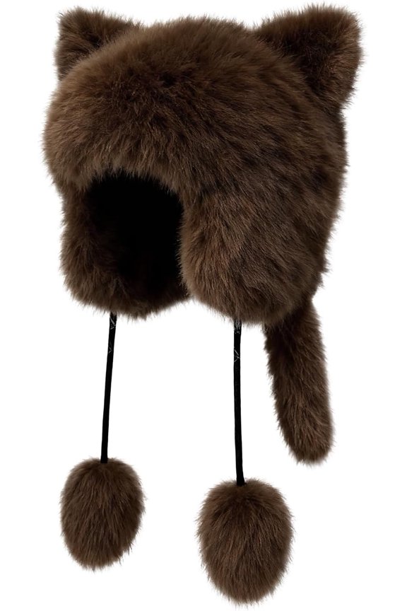 Hat Thermal Plush Furry  Tail Hat Faux  Windproof Beanie  Themed Costume Hat