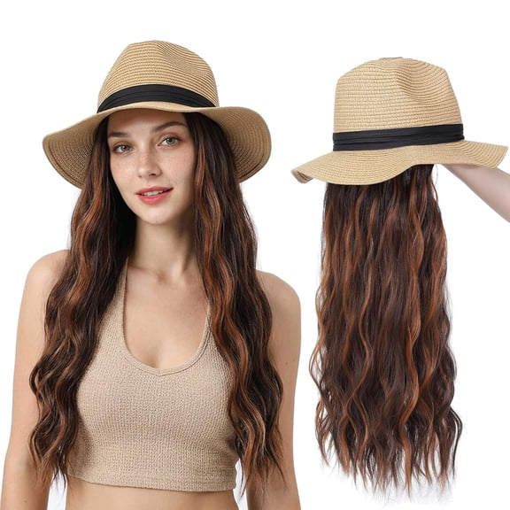 Hat Wig Panama Hat with Mix Brown Long Wave Hair Attached for Women Khaki Color Wide Brim Straw Beach Sun Hat Wig