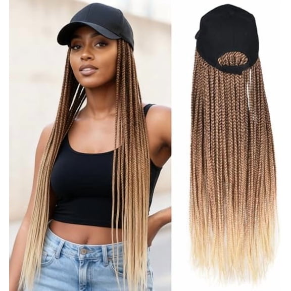 Hat Wig for Women Baseball Cap with Braided Hair Attached 24inch long Synthetic Box Braid Wig Hat Adjustable Cap with ombre brown blonde light blonde Braids for Daily Outdoor Use(B-70)