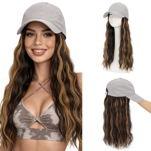 Hat Wig for Women,DAPRZIY Wig Cap with Hair Attached,Quick-drying Baseball Wigs Cap for Women,Lightweight,Airy & Adjustable Light Gray Hat with Hair Wavy 18" #P49 Dark Brown with Caramel Highlights