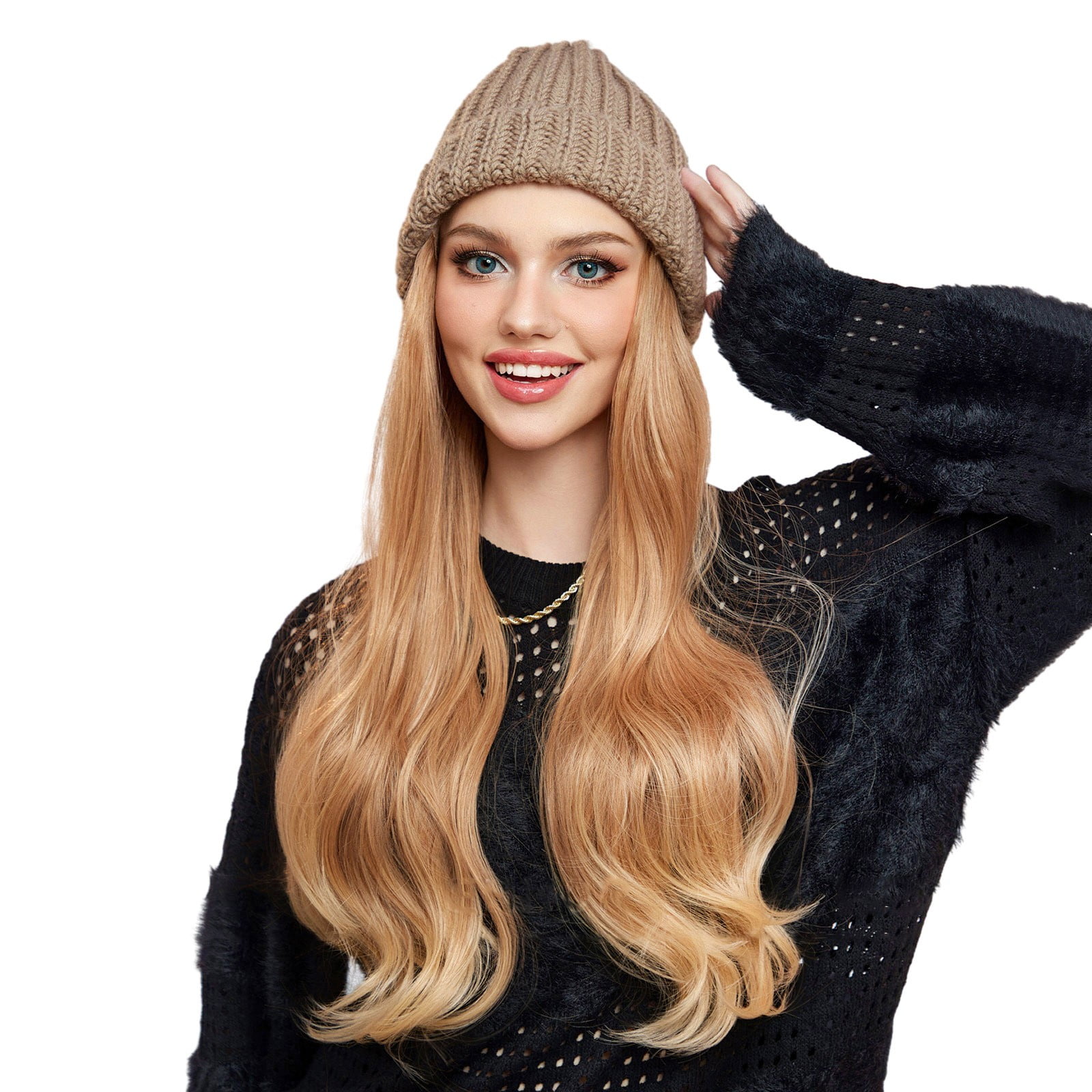 Hat Wig Women In One Fall And Winter 2024 New Fashion Knitted Hat