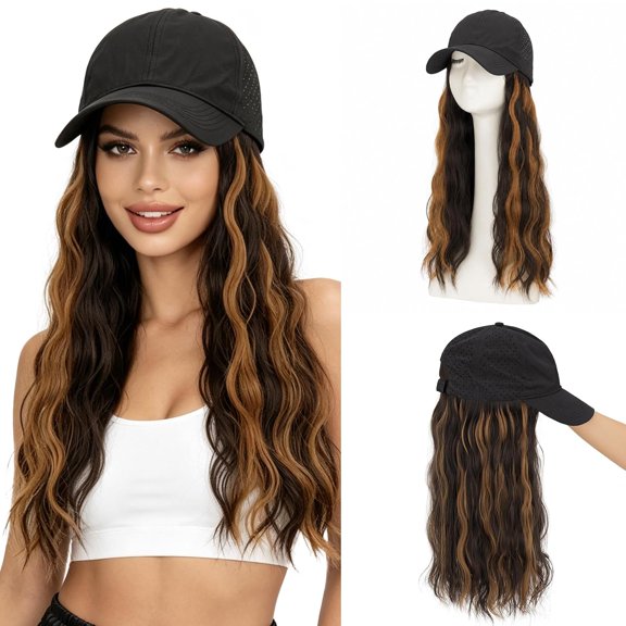 Hat Wig for Women, Wig Cap with Hair Attached,Quick-drying Baseball Wigs Cap for Women,Lightweight,Airy & Adjustable Black Hat with Hair Wavy 18" #P49 Dark Brown with Caramel Highlights