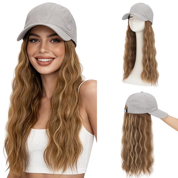 Hat Wig for Women, Wig Cap with Hair Attached,Quick-drying Baseball Wigs Cap for Women,Lightweight,Airy & Adjustable Gray Hat with Hair Wavy 18" #P10 Light Brown with Caramel Highlights