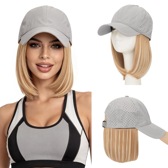 Hat Wig for Women, Wig Cap with Hair Attached,Quick-drying Baseball Wigs Cap for Women,Lightweight Airy Light Gray Hat with Hair Straight 8" #P18 Light Honey Blonde with Platinum Highlights