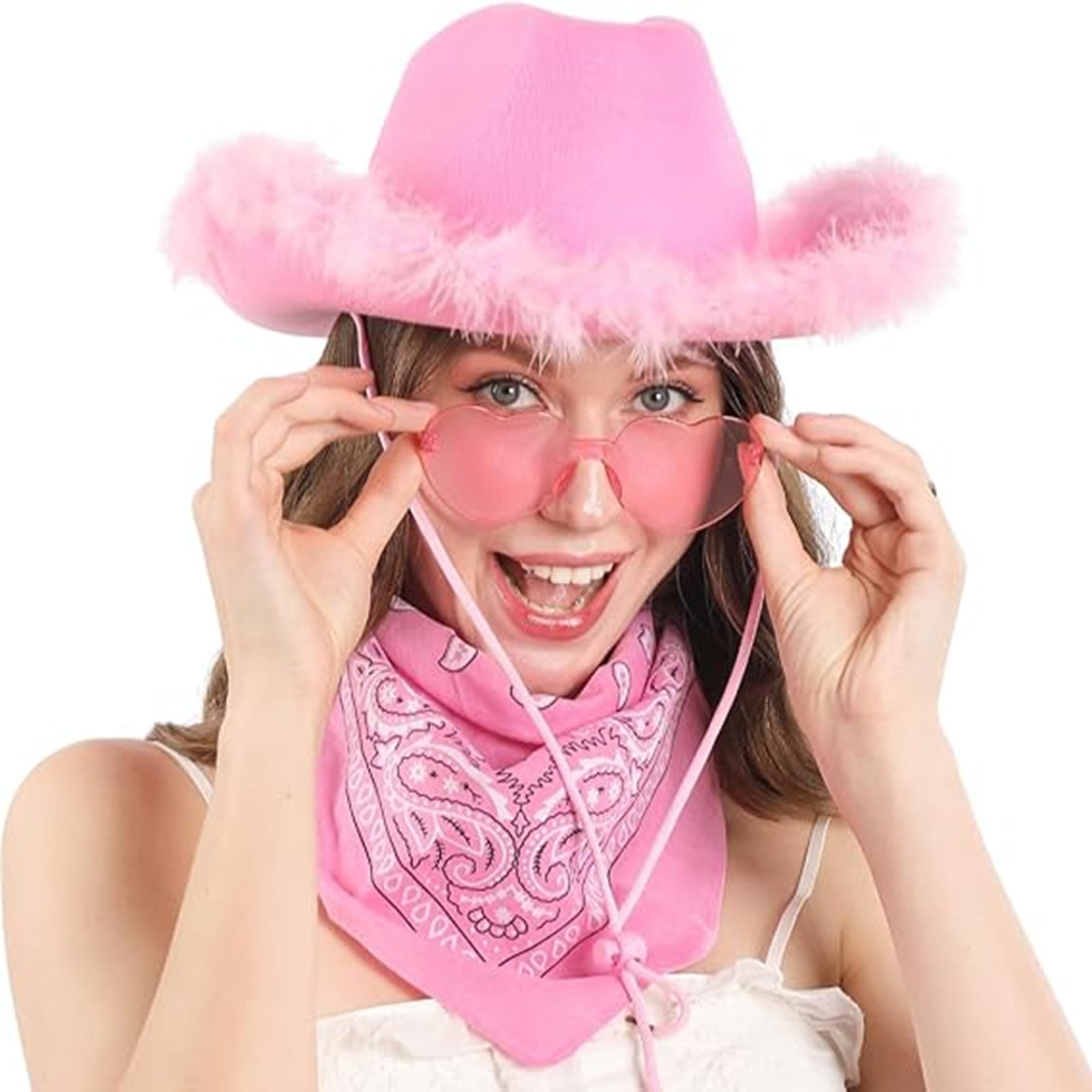 3 Pc Rhinestone Star Cowboy Hat Heart Sunglasses Fringe Bandana Set Cosplay Keilin Star Studded Rhinestone Cowgirl Hat Disco Cowboy Hat  main image 2