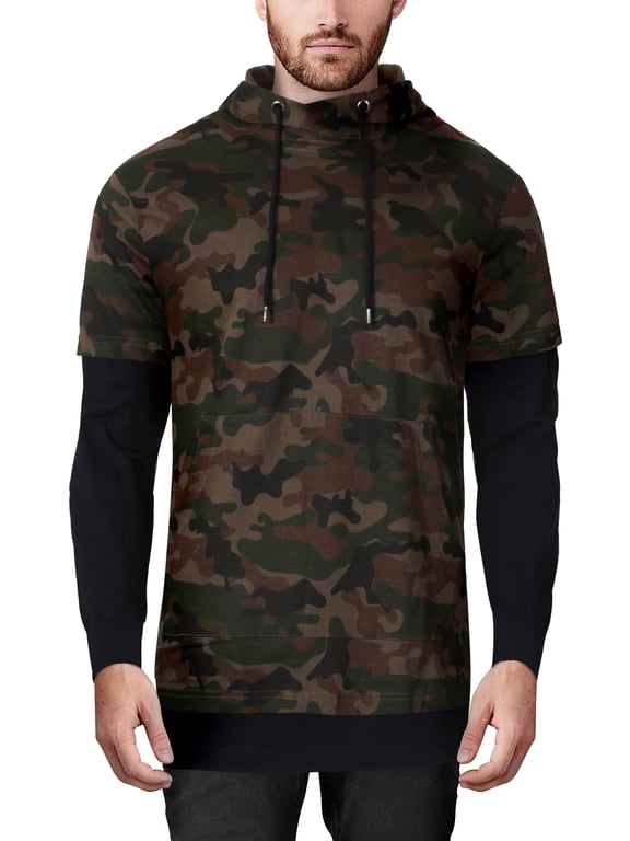 Men's Double Layer Hooded Hybrid Long Sleeve Tee Shirt