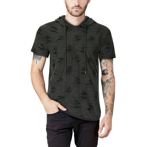 Hat and Beyond Men's Hipster Ripped Short Sleeve Hoodie T Shirt