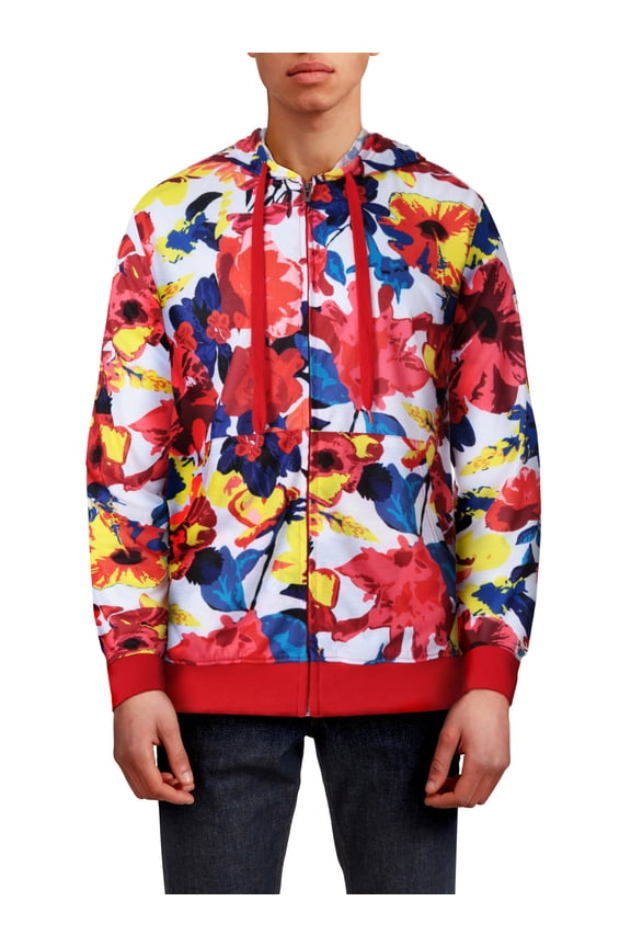 Men's Image Print Floral Pattern Zipper Hooded Sweatshirt