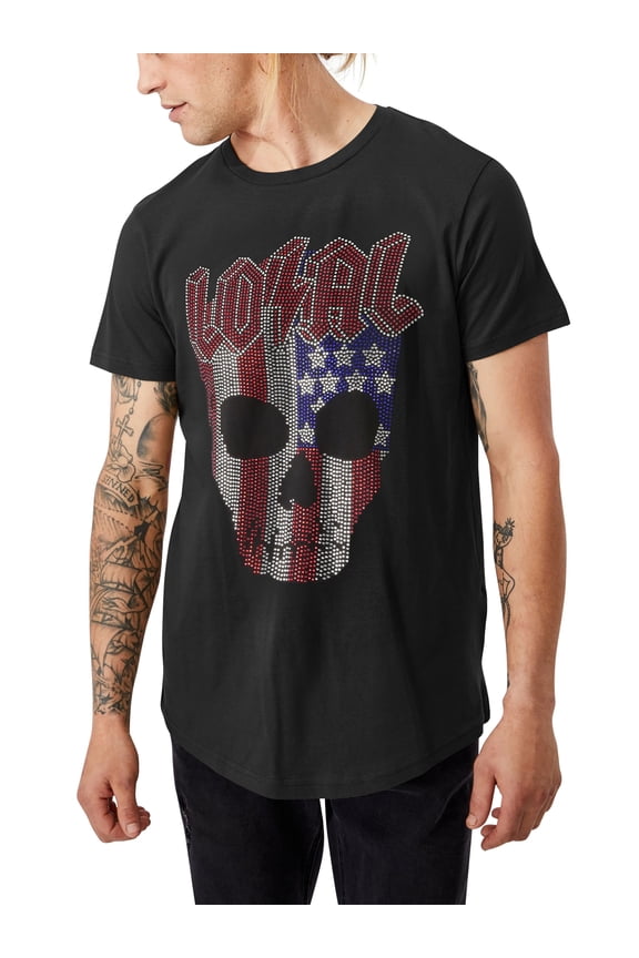 Men's USA Flag Skullcap Gemstone Embedded Crew Neck Tee Shirt