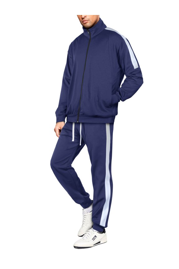 Mens Casual Two Tone Oversized Striped Athleisure Sweat Jacket Pants Tracksuit