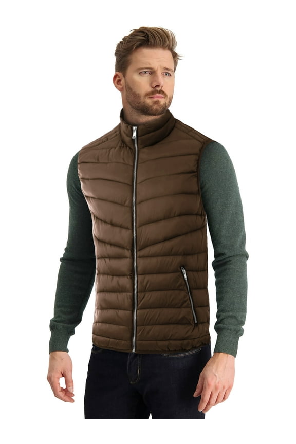 Mens Sleeveless Classic Solid Zip Puffer Ultra Lightweight Down Vest (Small, Brown)