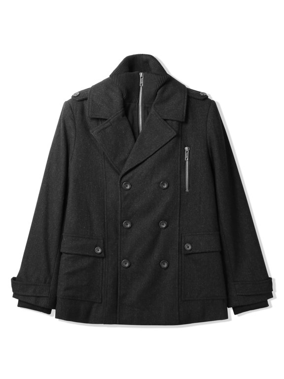 Mens Soft-Brushed Double Button Peacoat with Detachable Bib and Fashion Zipper