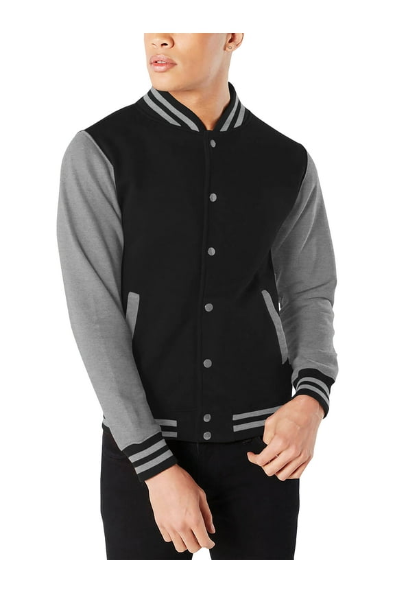 Mens Varsity Brushed Fleece Button Up Large Striped Collar Cuff Pocketed Coat Jacket