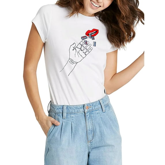 Hat and Beyond Women's Image Print Lips Razor Blades Casual Tee Shirt