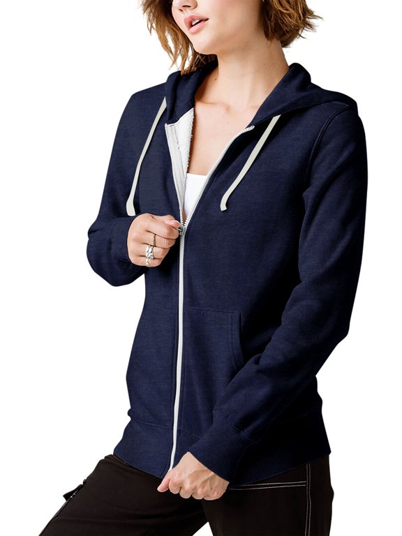 Women's Relaxed Fit Tri Blend Cover Stitched Zip Up Flat Knit Drawstring Unisex Hoodie Sweater
