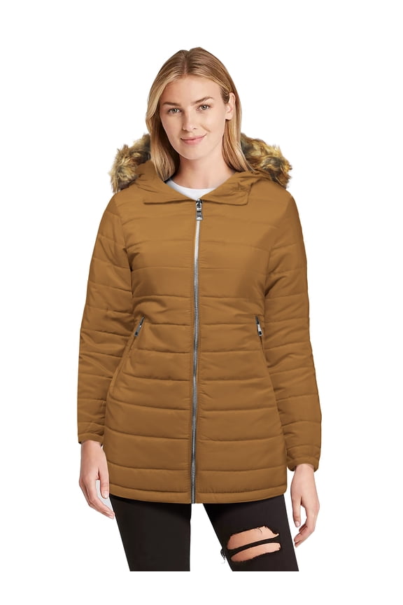 Womens Puffer Jacket Cold Control Mid-Length with Detachable Hood