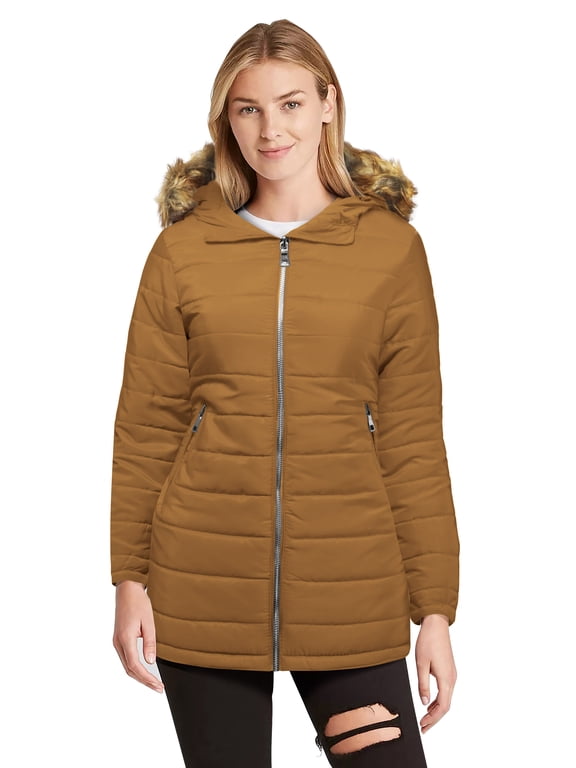 Womens Puffer Jacket Cold Control Mid-Length with Detachable Hood