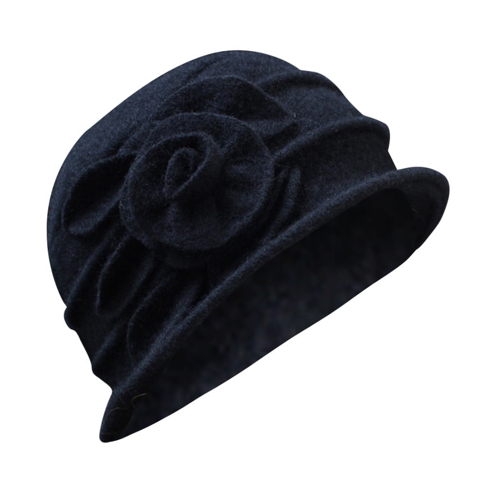Ladies Winter Wool Vintage Hat With Flower - Solid Felt Bucket Cap For Casual & Party