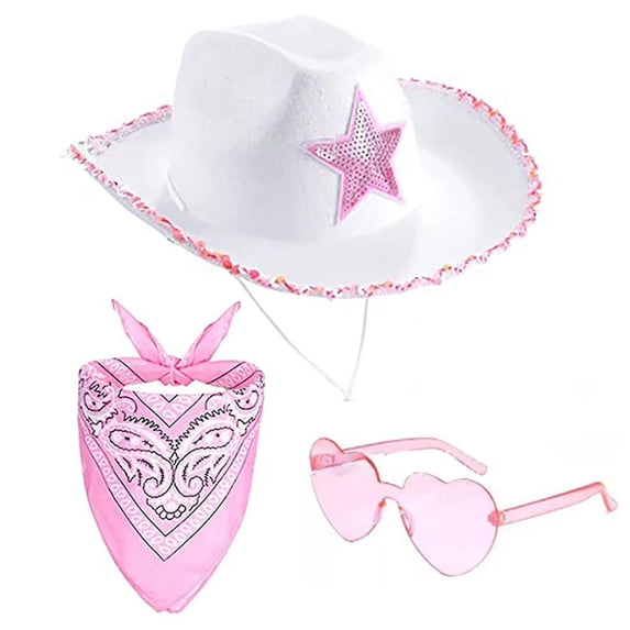Hat with Bandana and Heart Glasses for Women Girls Cowboy Accessory Enhancing Western Style White
