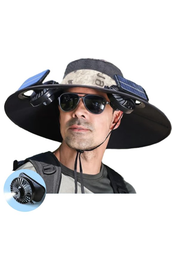 Hat with Fan, Cooling Hats for Men, Solar Powered Wide Brim Hat with Dual Fans and Mist System, USB Rechargeable Outdoor Sun Hat