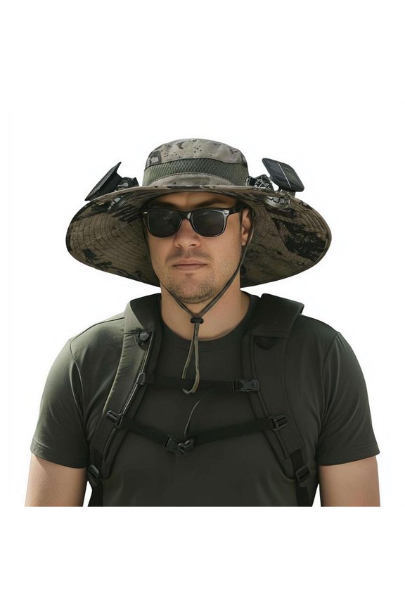 Hat with Fans Solar Power, UPF 50+ Wide Brim Sun Shade Bucket, USB Rechargeable Cooling Mesh Cap with Adjustable Strap