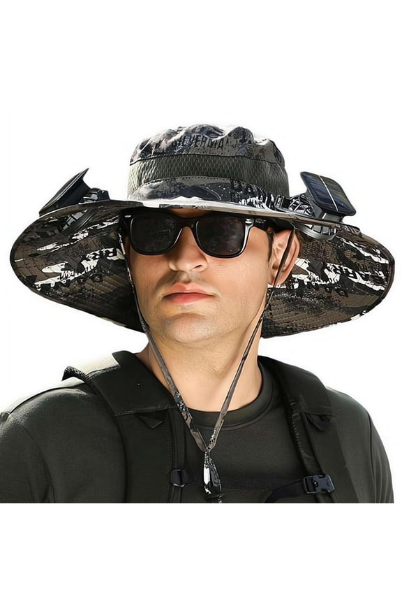 Hat with Fans Solar Power, UPF 50+ Wide Brim Sun Shade Bucket, USB Rechargeable Cooling Mesh Cap with Adjustable Strap