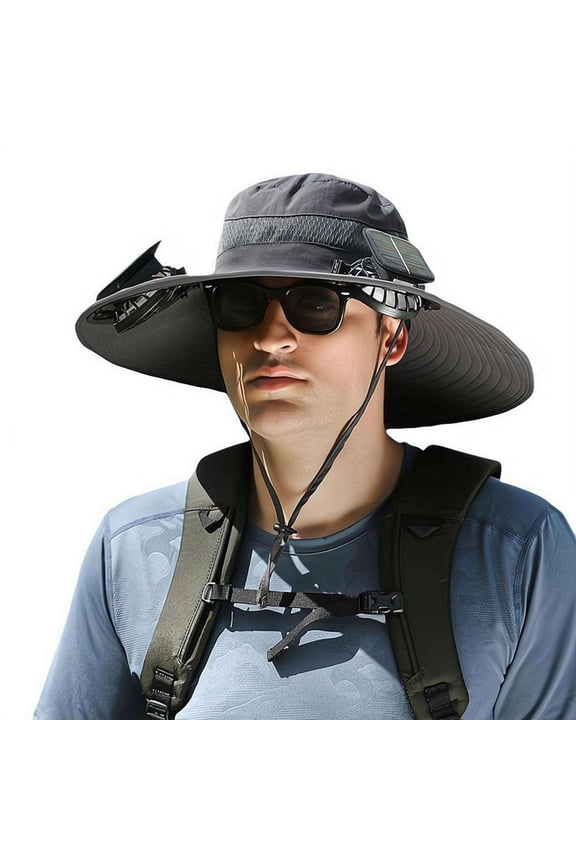 Hat with Fans Solar Power, UPF 50+ Wide Brim Sun Shade Bucket, USB Rechargeable Cooling Mesh Cap with Adjustable Strap