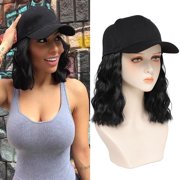 Hat with Natural Wave hair Extensions attached for woman Baseball cap wig Short Bob Hairstyle Adjustable Wig Black